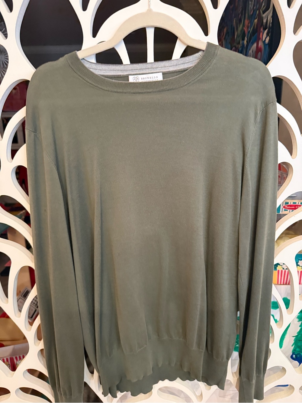 Brunello Cucinelli Olive Green Lightweight Crewneck Sweater